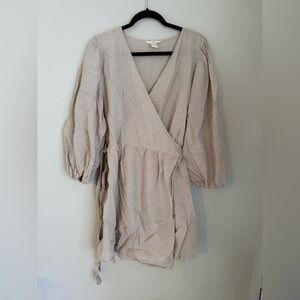 H&M Linen Blend Wrap Dress in Beige Size L